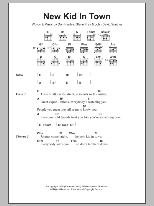 Eagles New Kid In Town sheet music notes and chords arranged for Guitar Chords/Lyrics