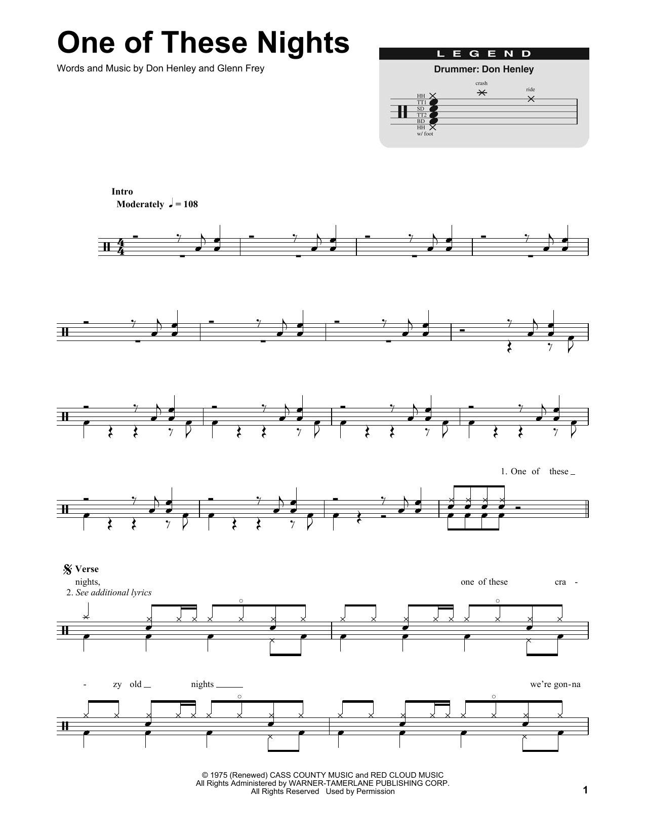 Eagles One Of These Nights sheet music notes and chords arranged for Drums Transcription