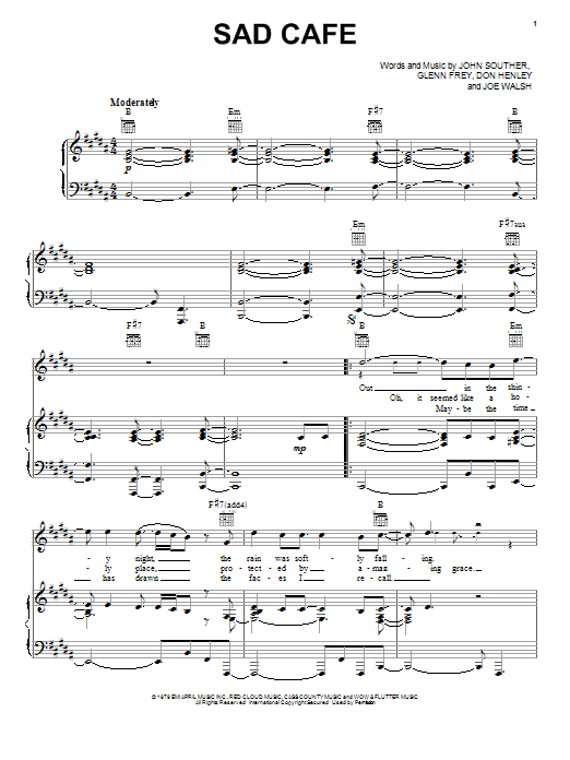 Eagles Sad Cafe sheet music notes and chords arranged for Piano, Vocal & Guitar Chords (Right-Hand Melody)