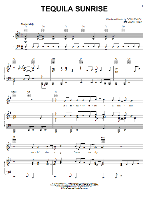 The Eagles Tequila Sunrise sheet music notes and chords arranged for Piano, Vocal & Guitar Chords (Right-Hand Melody)