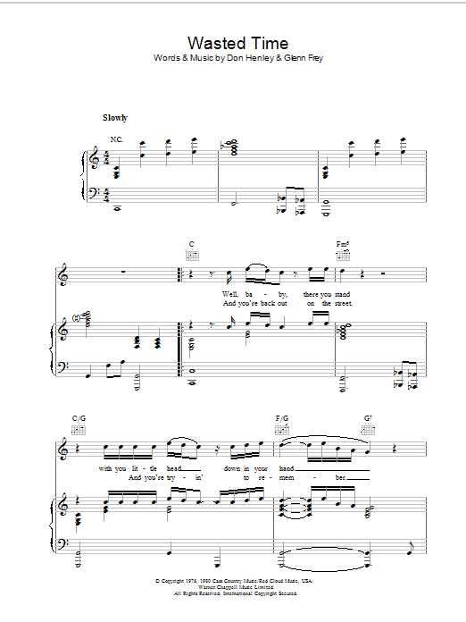 Eagles Wasted Time sheet music notes and chords arranged for Piano, Vocal & Guitar Chords