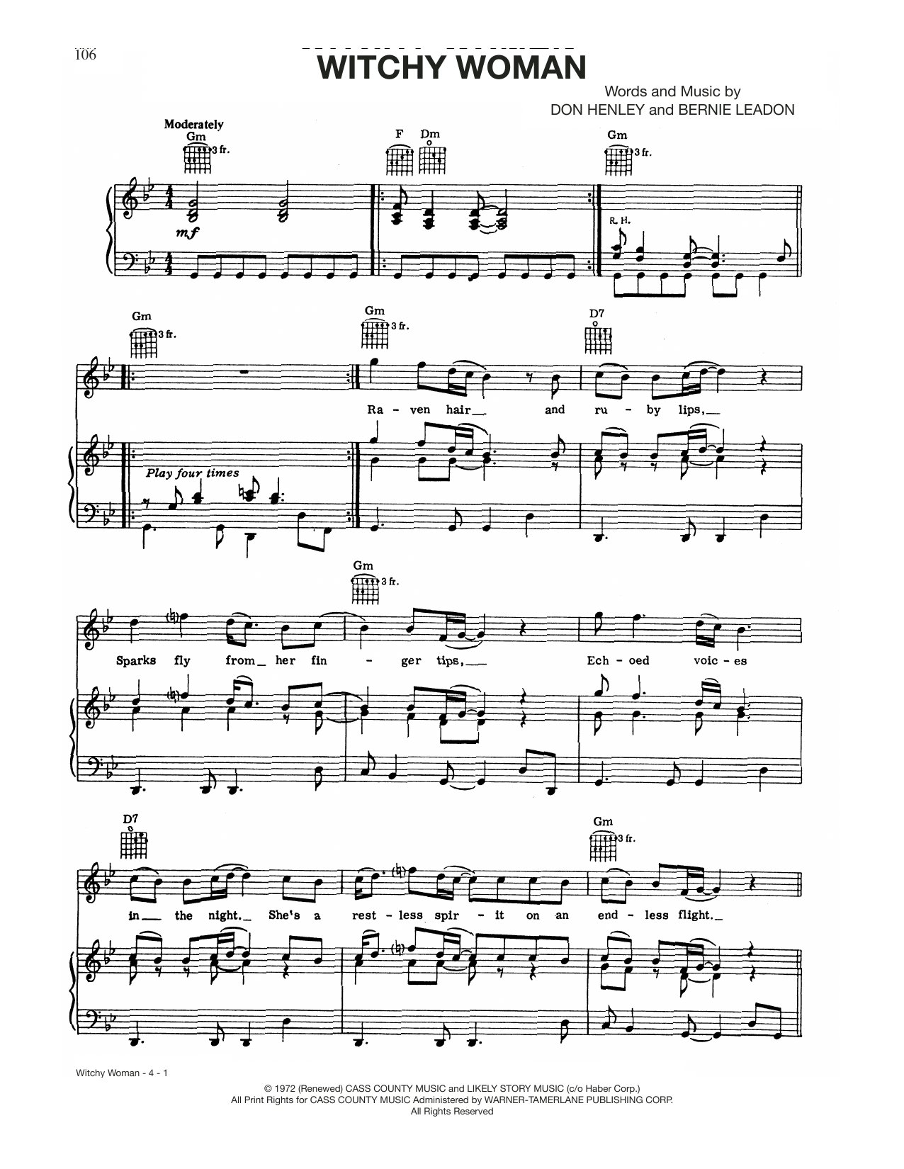 The Eagles Witchy Woman sheet music notes and chords arranged for Piano, Vocal & Guitar Chords (Right-Hand Melody)