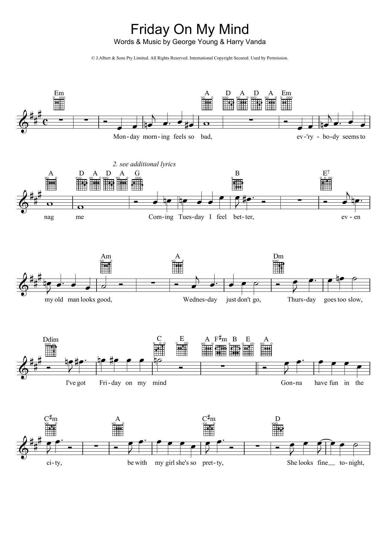 The Easybeats Friday On My Mind sheet music notes and chords arranged for Lead Sheet / Fake Book