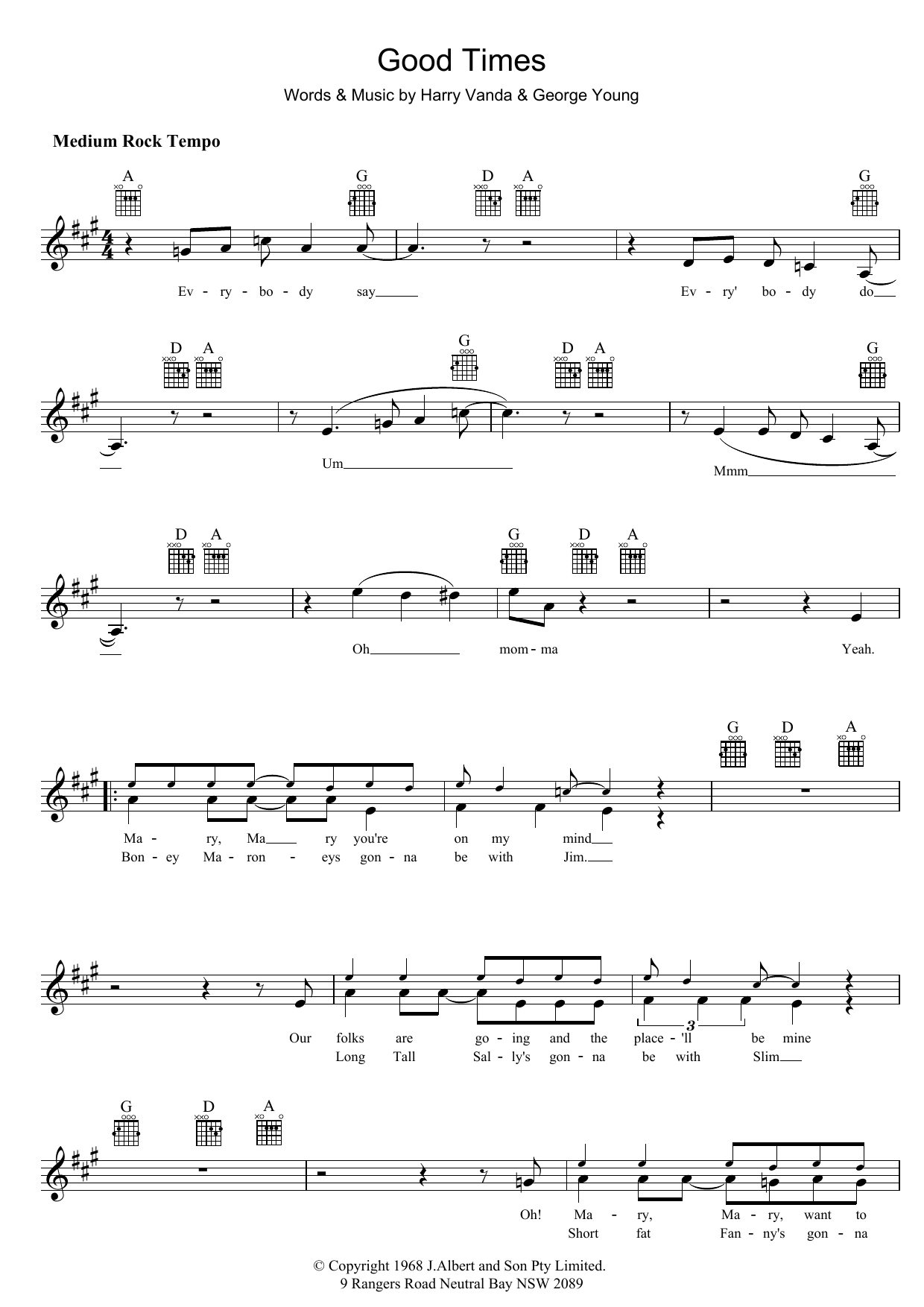The Easybeats Good Times sheet music notes and chords arranged for Lead Sheet / Fake Book