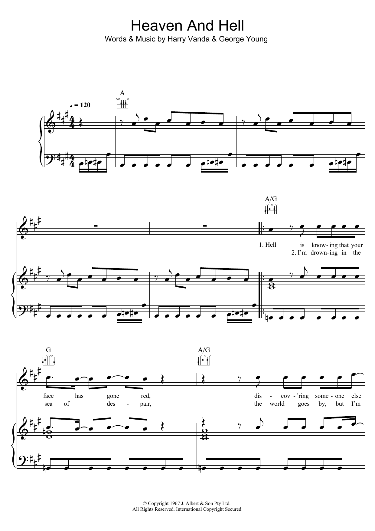 The Easybeats Heaven and Hell sheet music notes and chords arranged for Piano, Vocal & Guitar Chords