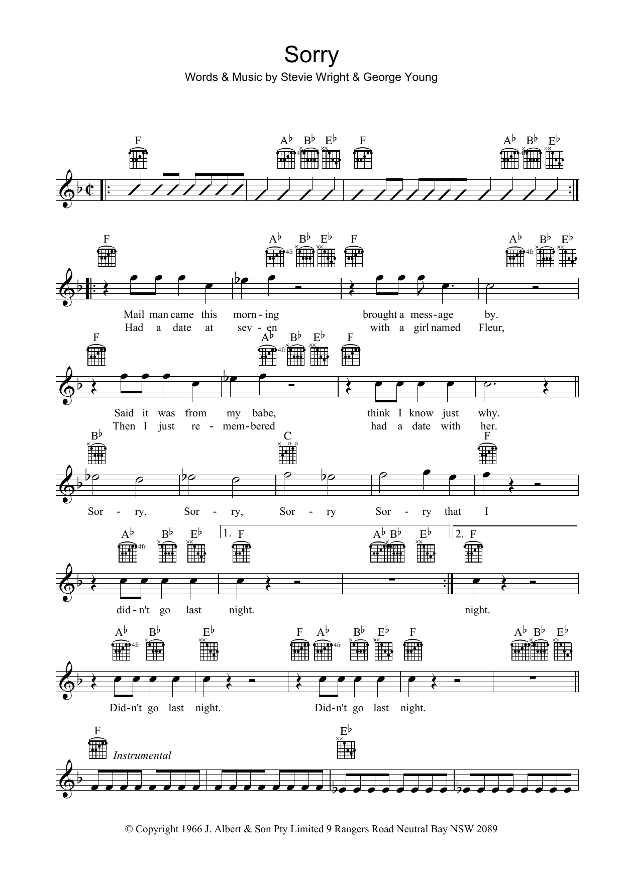 The Easybeats Sorry sheet music notes and chords arranged for Lead Sheet / Fake Book
