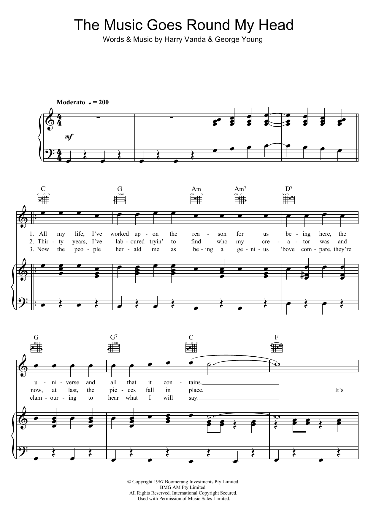 The Easybeats The Music Goes Round My Head sheet music notes and chords arranged for Piano, Vocal & Guitar Chords