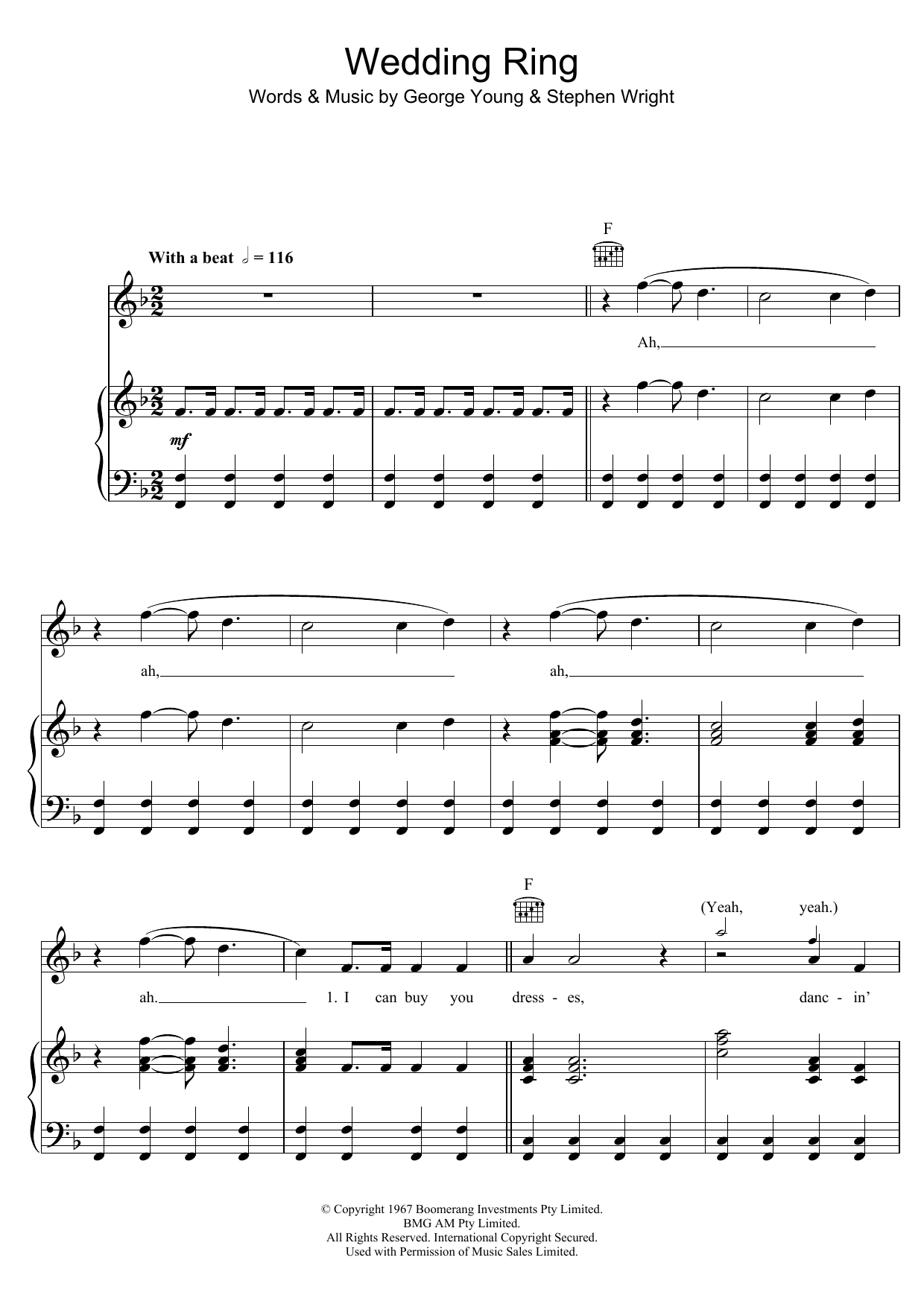 The Easybeats Wedding Ring sheet music notes and chords arranged for Piano, Vocal & Guitar Chords