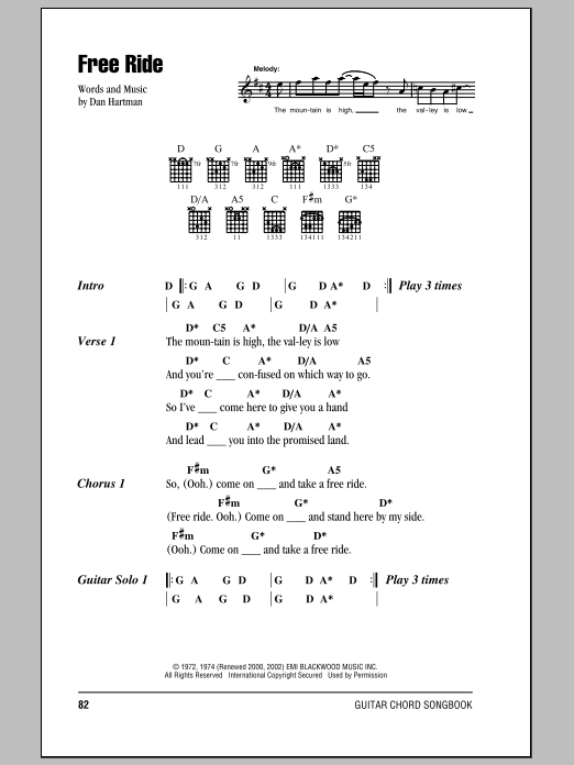 The Edgar Winter Group Free Ride sheet music notes and chords arranged for Guitar Chords/Lyrics