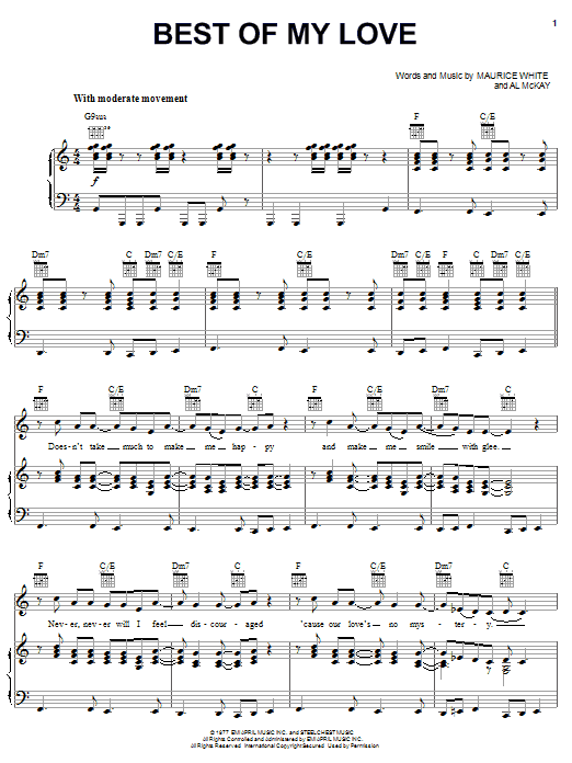 The Emotions Best Of My Love sheet music notes and chords arranged for Piano, Vocal & Guitar Chords (Right-Hand Melody)