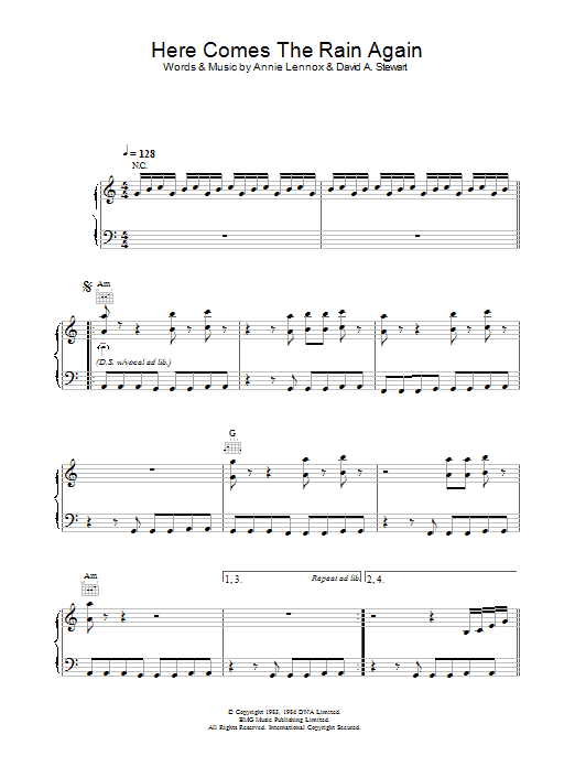 Eurythmics Here Comes The Rain Again sheet music notes and chords arranged for Piano, Vocal & Guitar Chords