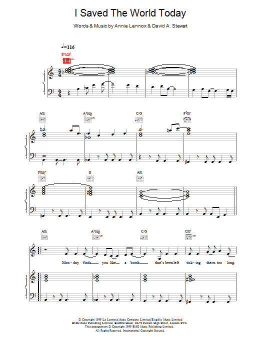 Eurythmics I Saved The World Today sheet music notes and chords arranged for Piano, Vocal & Guitar Chords