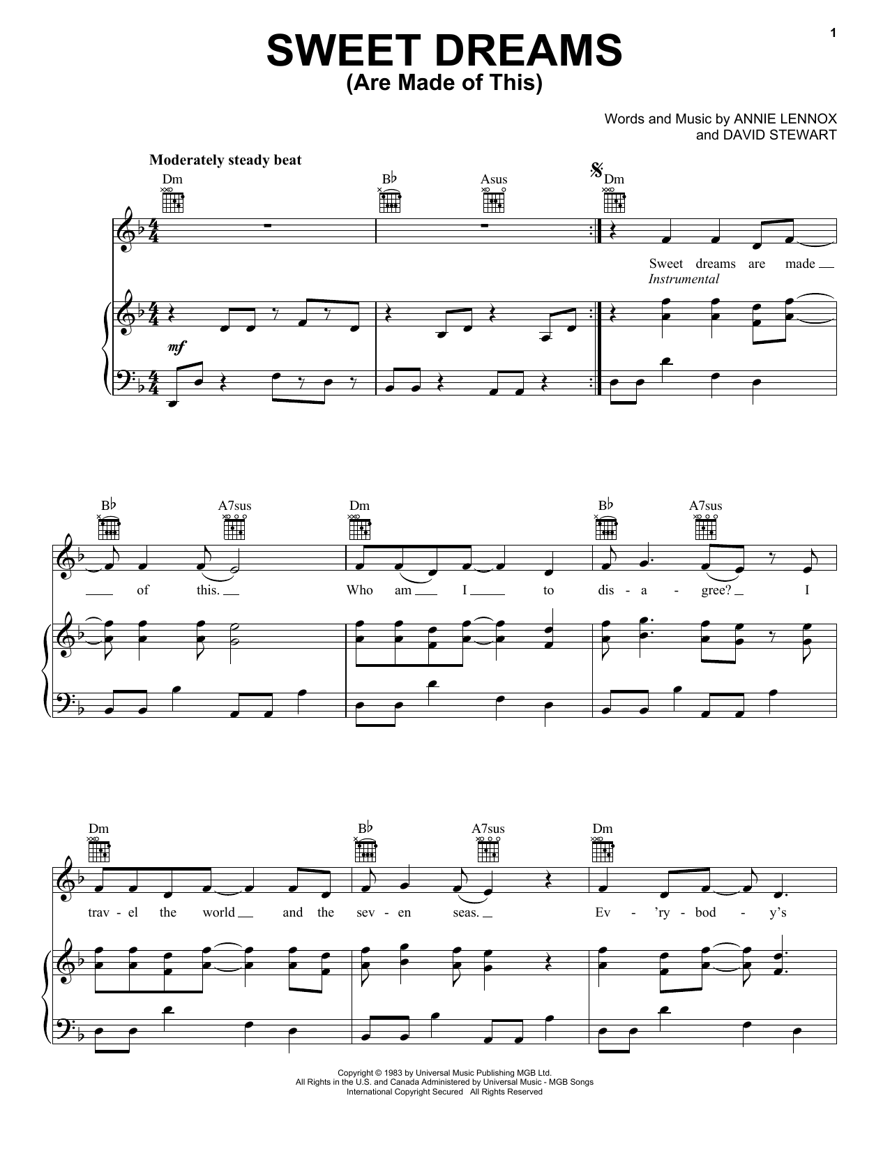 Eurythmics Sweet Dreams (Are Made Of This) sheet music notes and chords arranged for Easy Piano