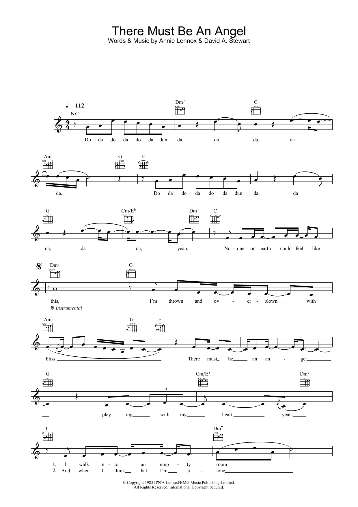 Annie Lennox There Must Be An Angel (Playing With My Heart) sheet music notes and chords arranged for Lead Sheet / Fake Book