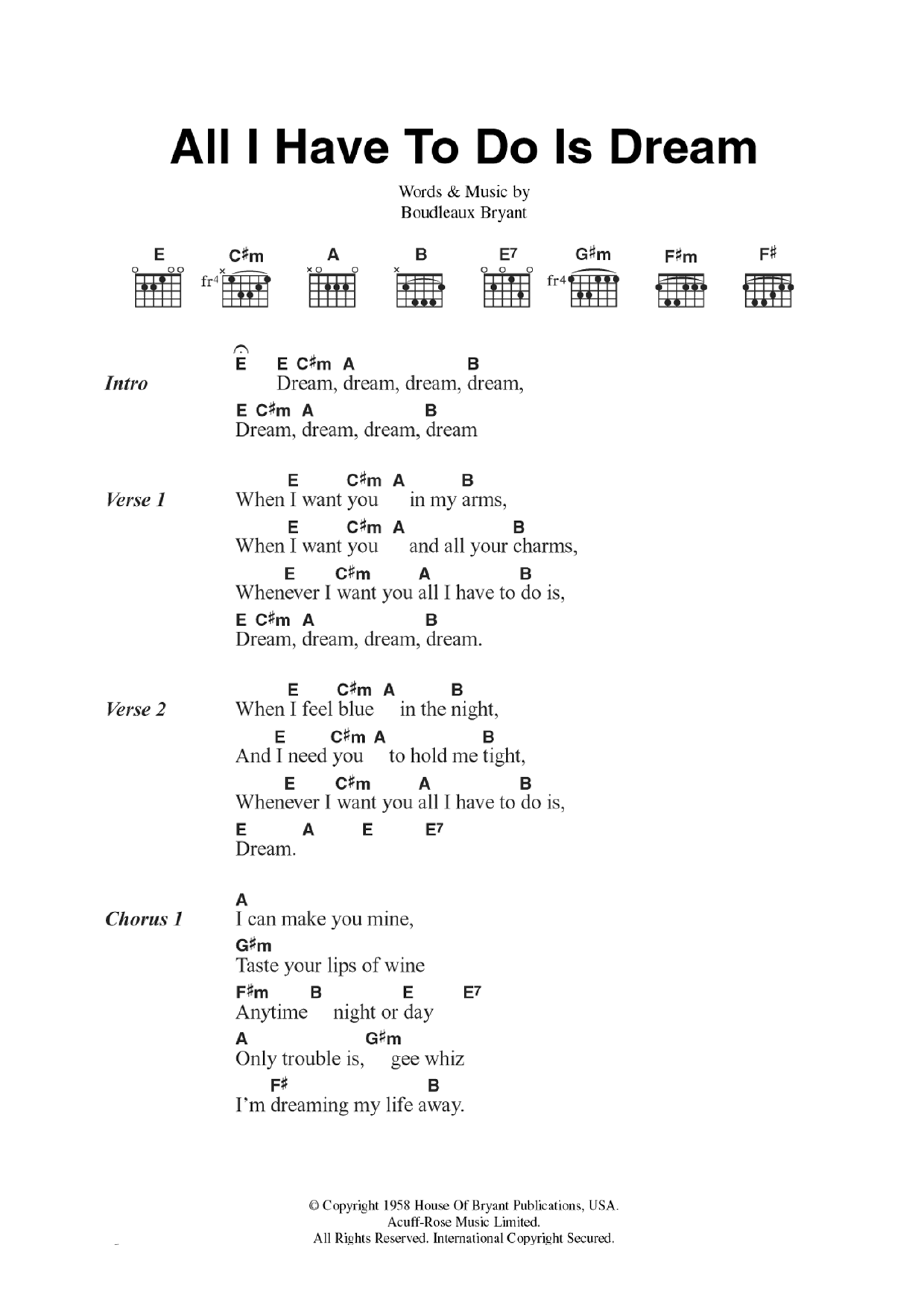 The Everly Brothers All I Have To Do Is Dream sheet music notes and chords arranged for Guitar Chords/Lyrics