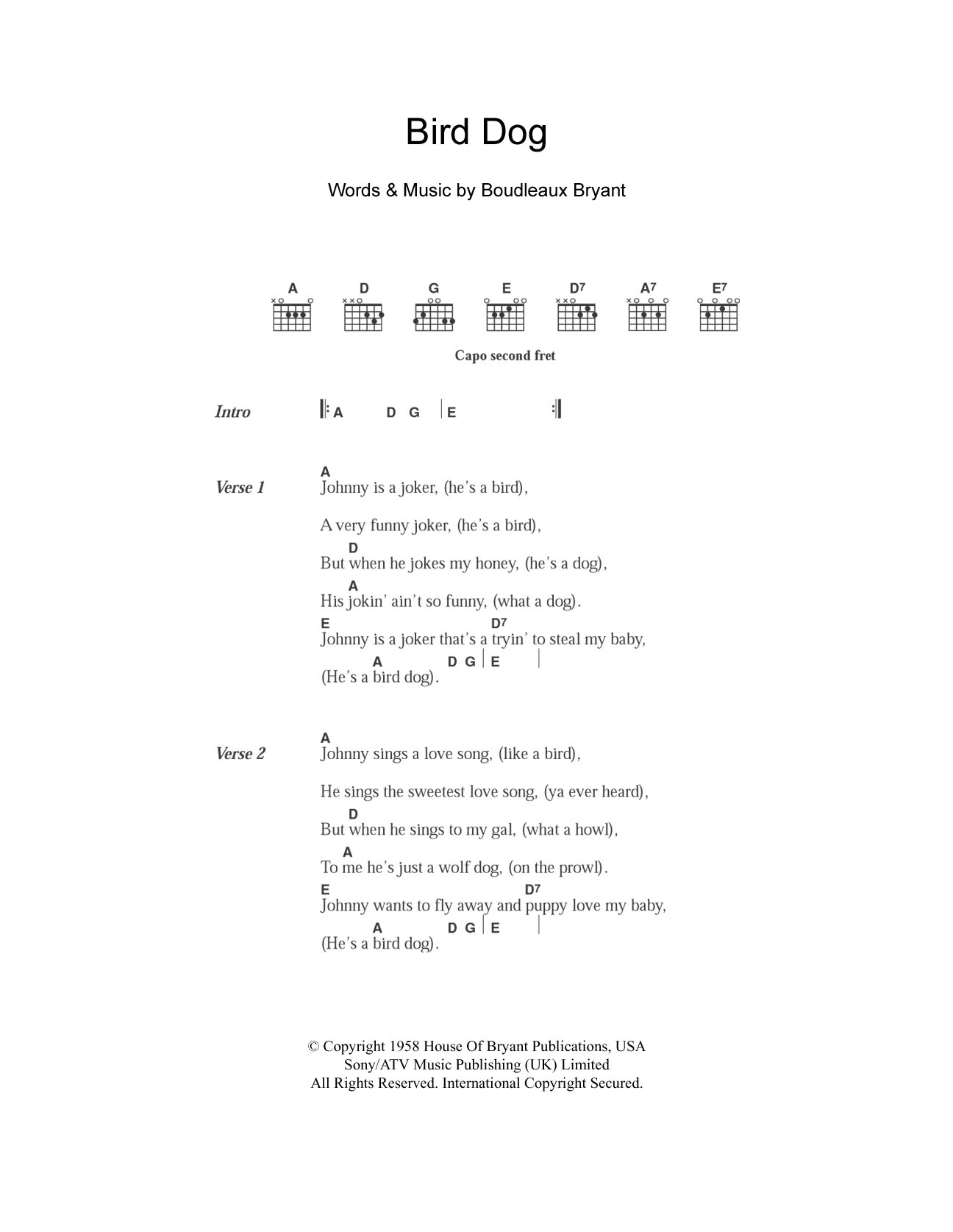 The Everly Brothers Bird Dog sheet music notes and chords arranged for Guitar Chords/Lyrics