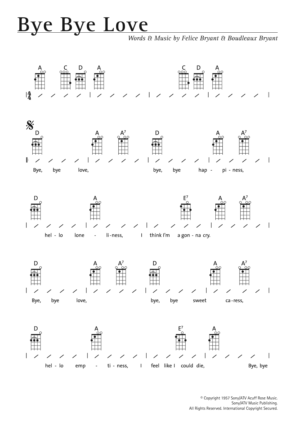 The Everly Brothers Bye Bye Love sheet music notes and chords arranged for Guitar Chords/Lyrics