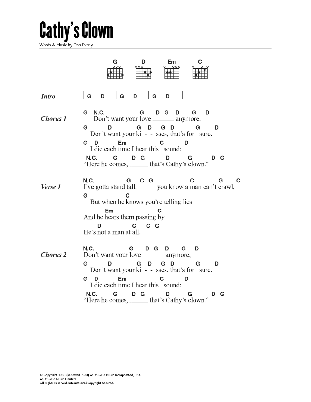 The Everly Brothers Cathy's Clown sheet music notes and chords arranged for Guitar Chords/Lyrics