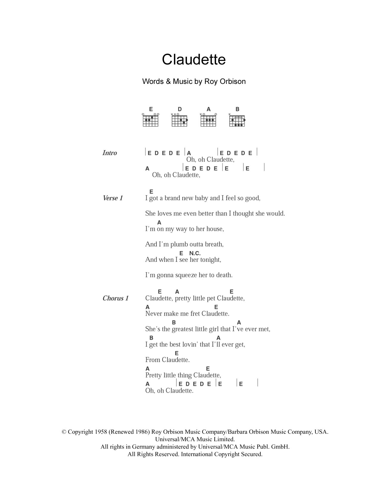The Everly Brothers Claudette sheet music notes and chords arranged for Guitar Chords/Lyrics