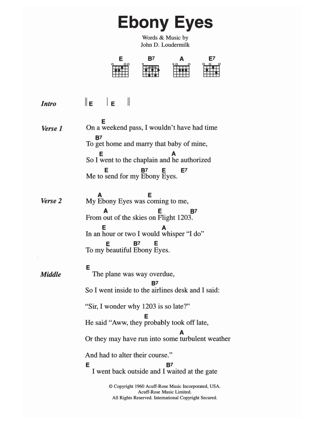 The Everly Brothers Ebony Eyes sheet music notes and chords arranged for Guitar Chords/Lyrics