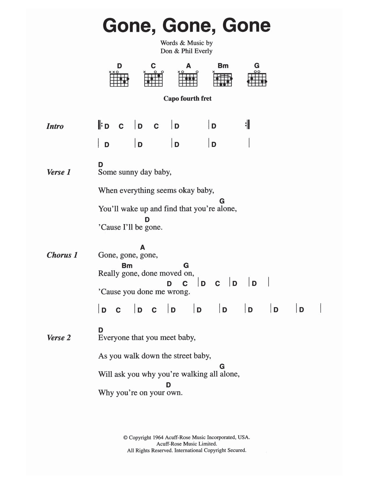 The Everly Brothers Gone, Gone, Gone (Done Moved On) sheet music notes and chords arranged for Guitar Chords/Lyrics