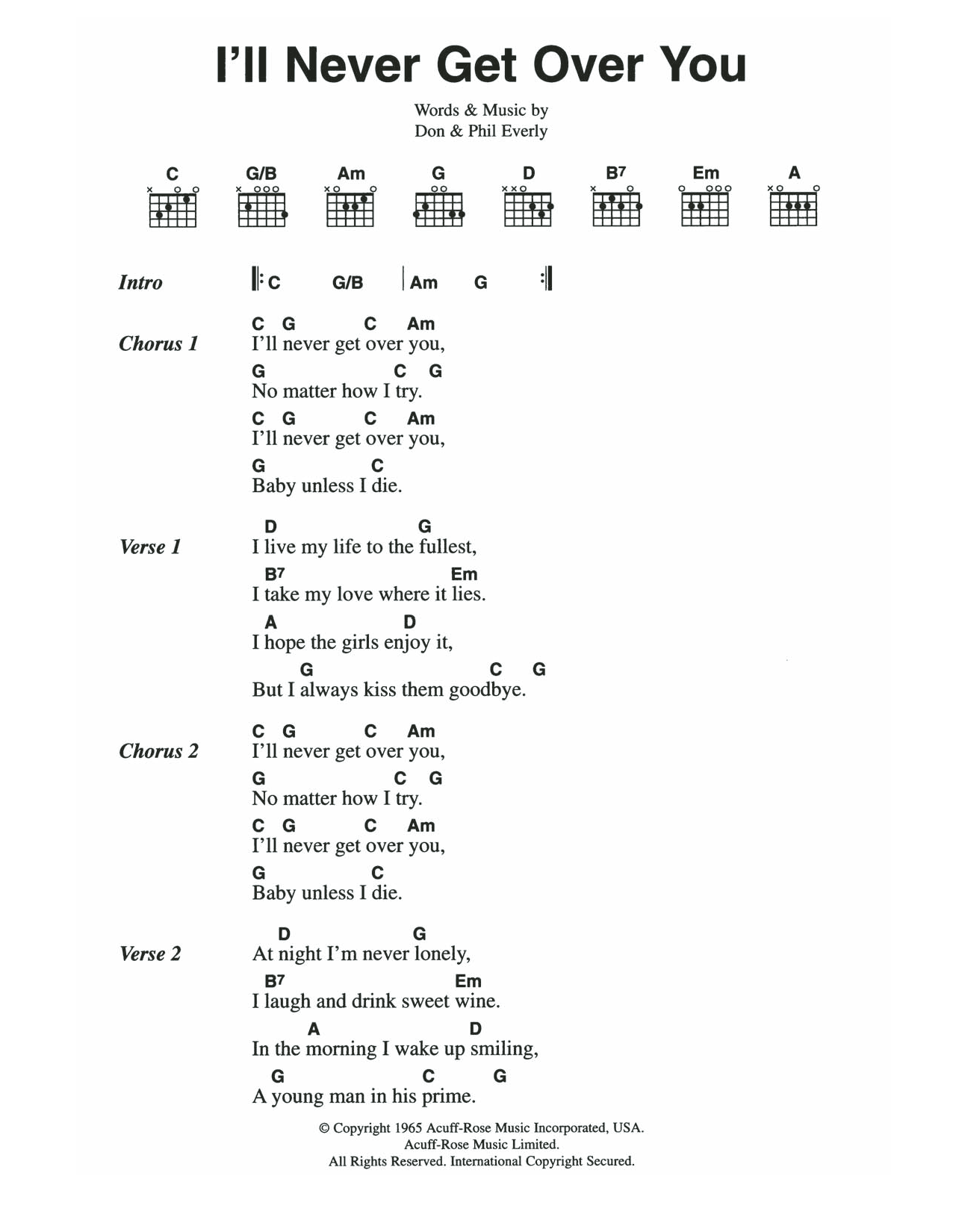 The Everly Brothers I'll Never Get Over You sheet music notes and chords arranged for Guitar Chords/Lyrics