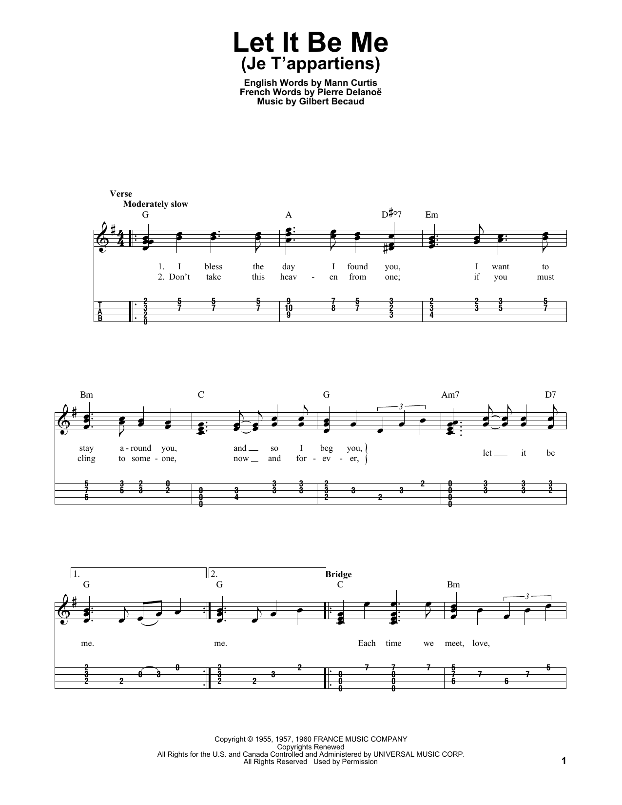 The Everly Brothers Let It Be Me (Je T'appartiens) sheet music notes and chords arranged for Easy Ukulele Tab