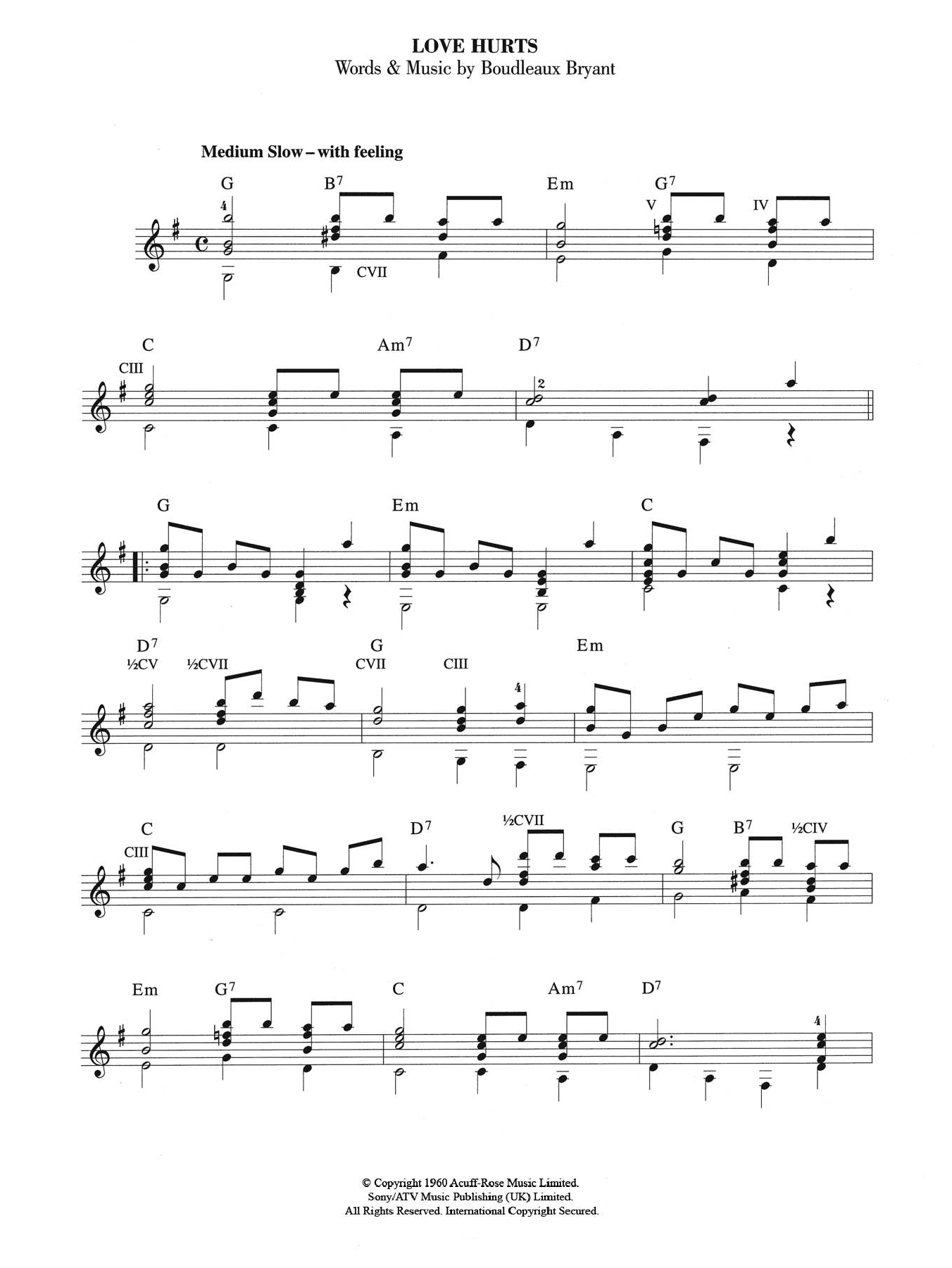 The Everly Brothers Love Hurts sheet music notes and chords arranged for Easy Guitar