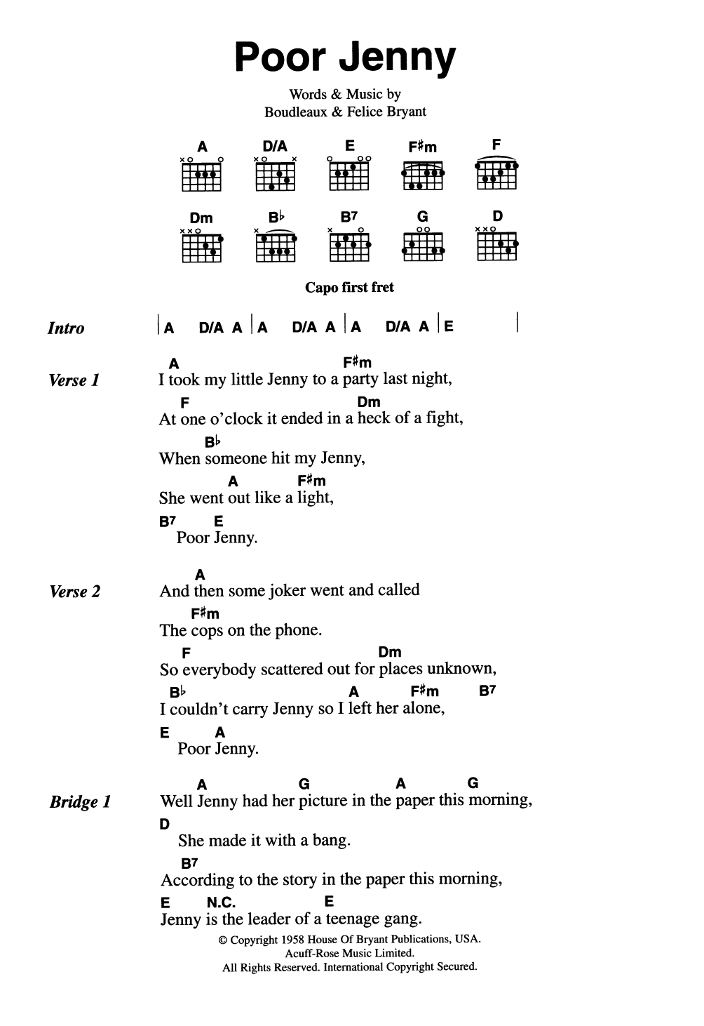 The Everly Brothers Poor Jenny sheet music notes and chords arranged for Guitar Chords/Lyrics
