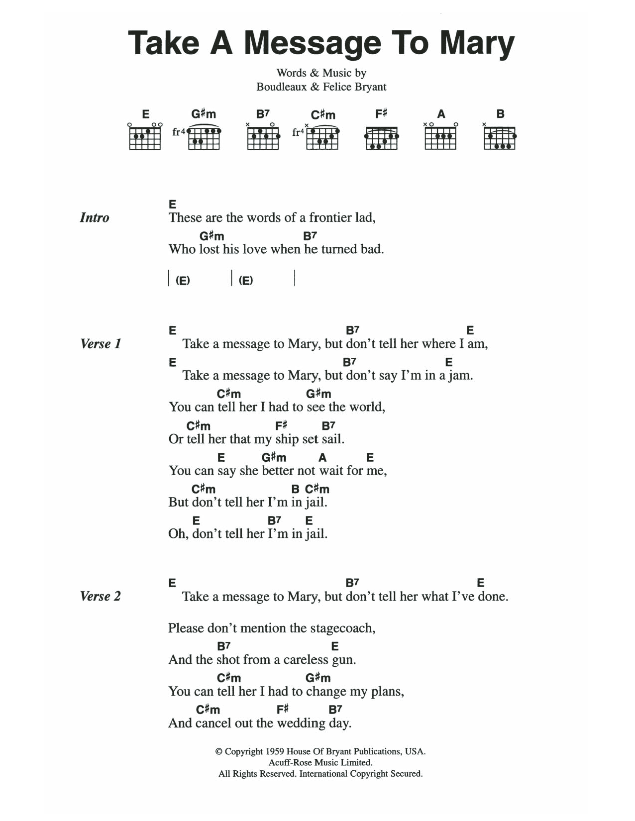 The Everly Brothers Take A Message To Mary sheet music notes and chords arranged for Guitar Chords/Lyrics