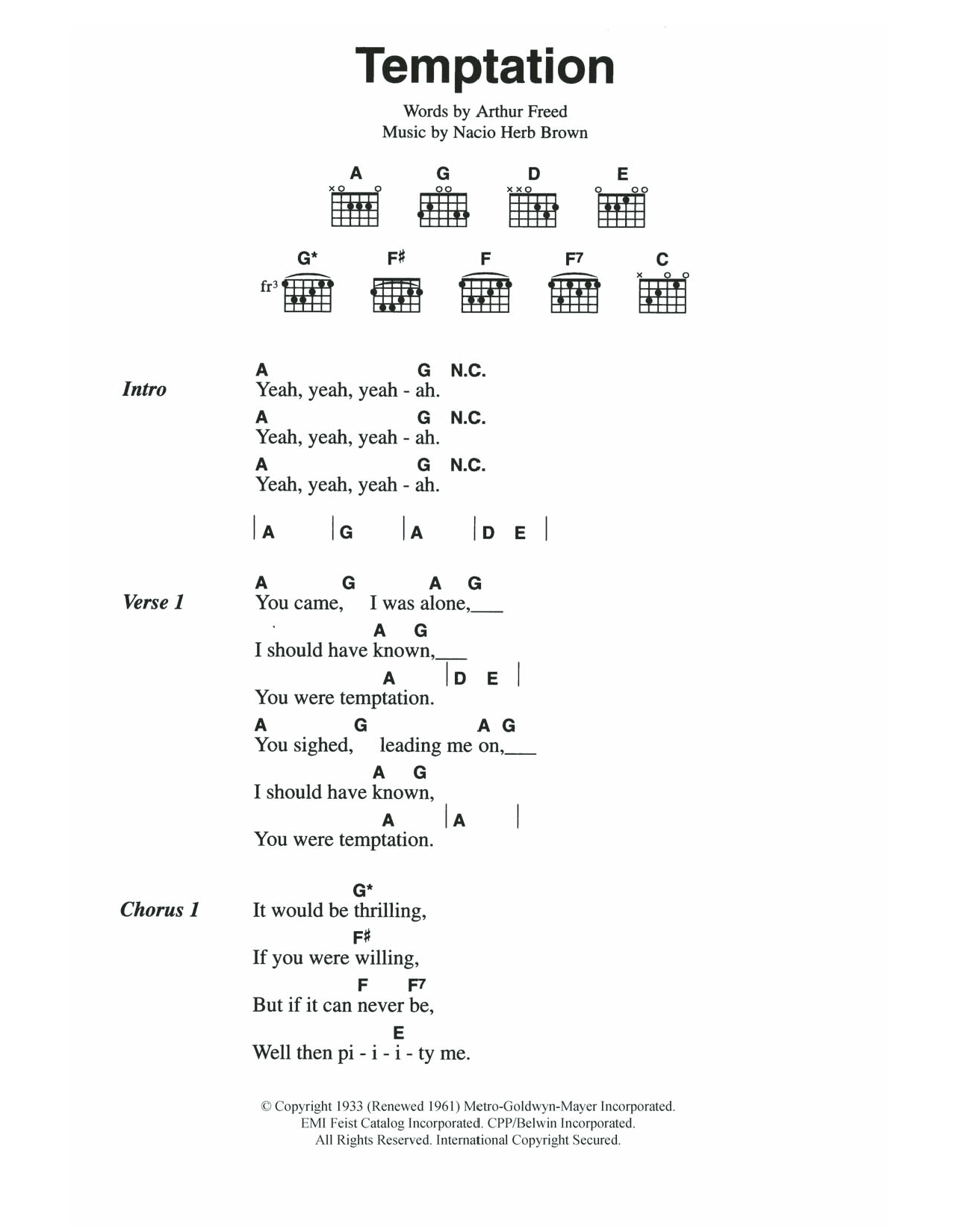 The Everly Brothers Temptation sheet music notes and chords arranged for Guitar Chords/Lyrics