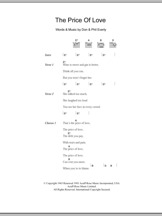 The Everly Brothers The Price Of Love sheet music notes and chords arranged for Piano, Vocal & Guitar Chords
