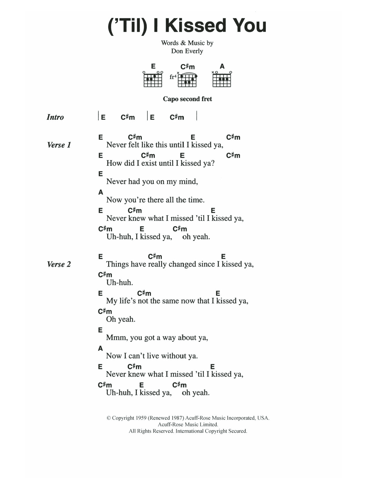 The Everly Brothers ('Til) I Kissed You sheet music notes and chords arranged for Guitar Chords/Lyrics