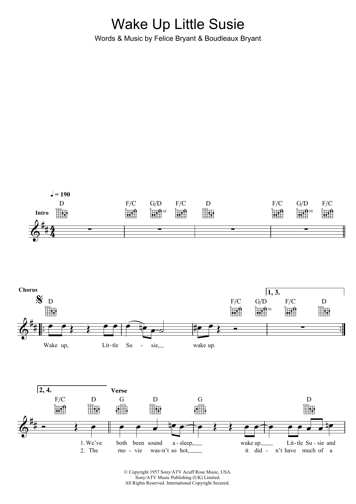 The Everly Brothers Wake Up Little Susie sheet music notes and chords arranged for Guitar Chords/Lyrics