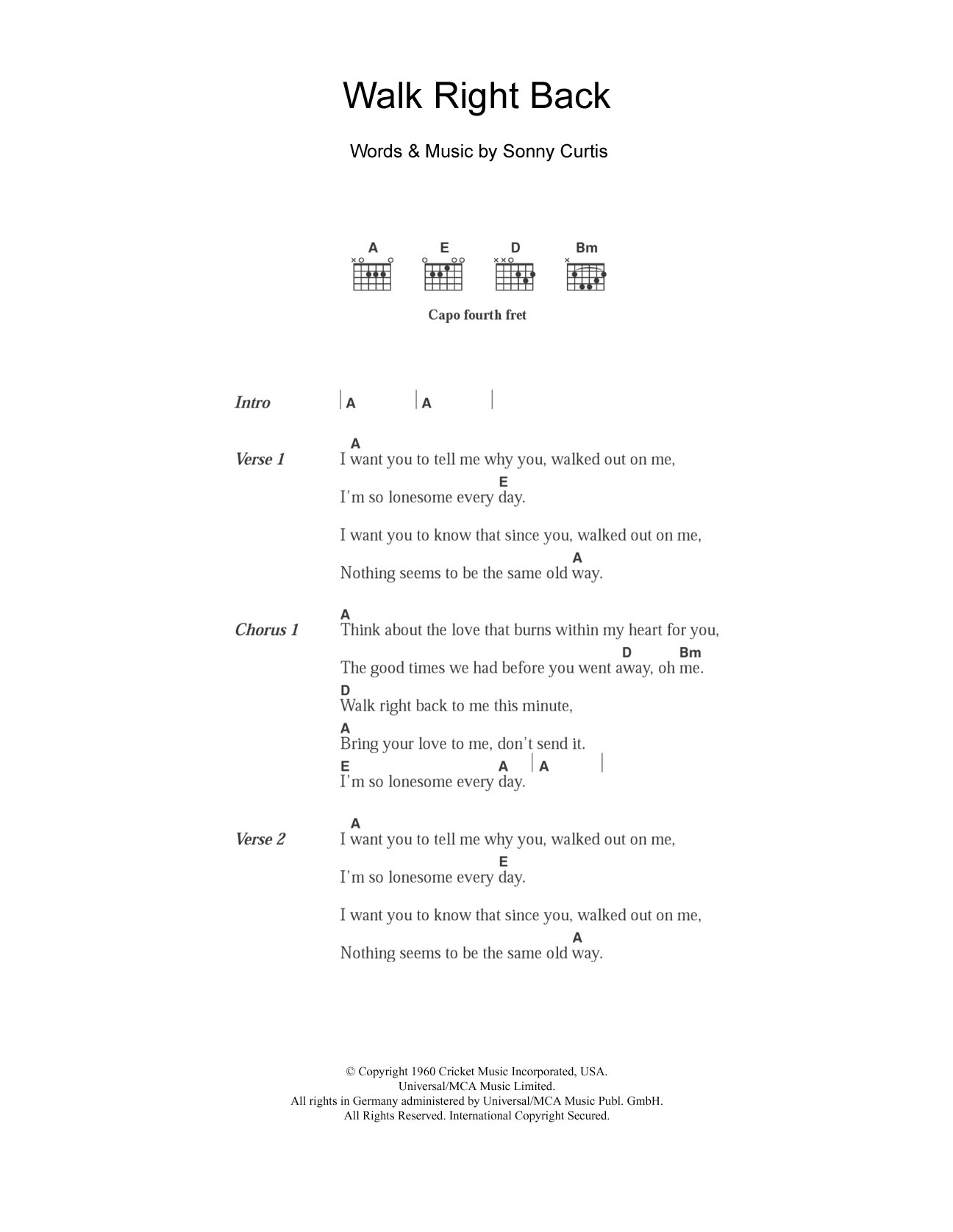 The Everly Brothers Walk Right Back sheet music notes and chords arranged for Guitar Chords/Lyrics