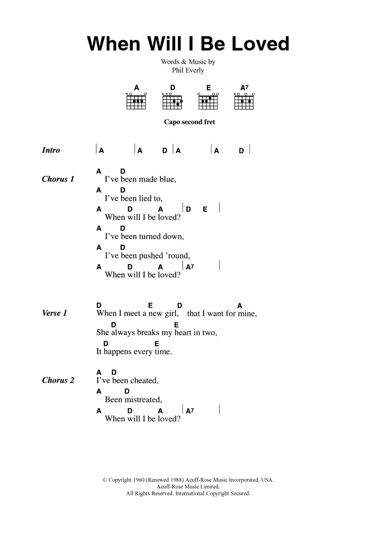 The Everly Brothers When Will I Be Loved? sheet music notes and chords arranged for Guitar Chords/Lyrics