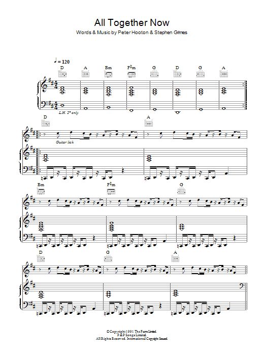 The Farm All Together Now sheet music notes and chords arranged for Piano, Vocal & Guitar Chords