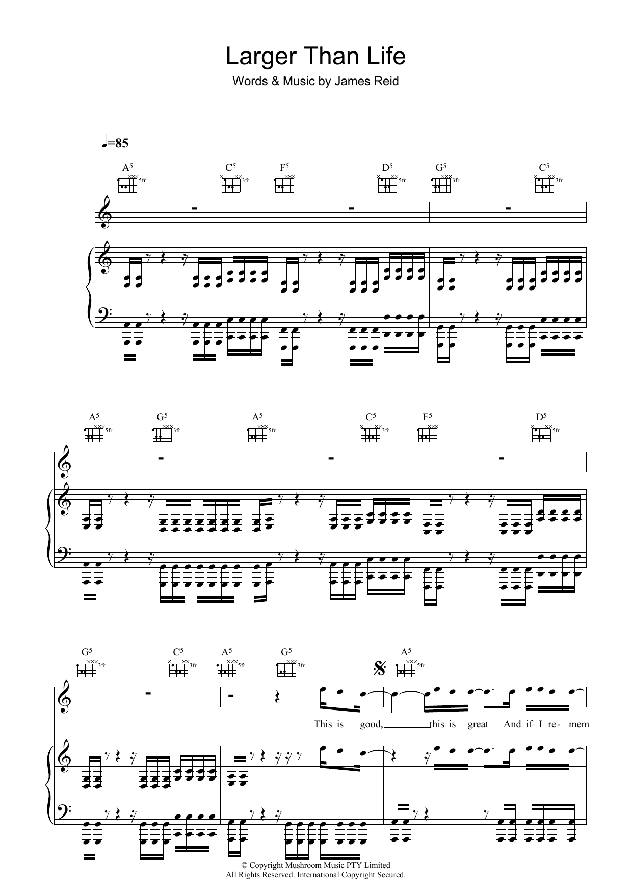 The Feelers Larger Than Life sheet music notes and chords arranged for Piano, Vocal & Guitar Chords