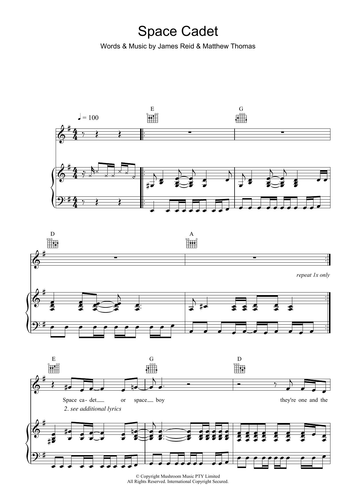 The Feelers Space Cadet sheet music notes and chords arranged for Piano, Vocal & Guitar Chords