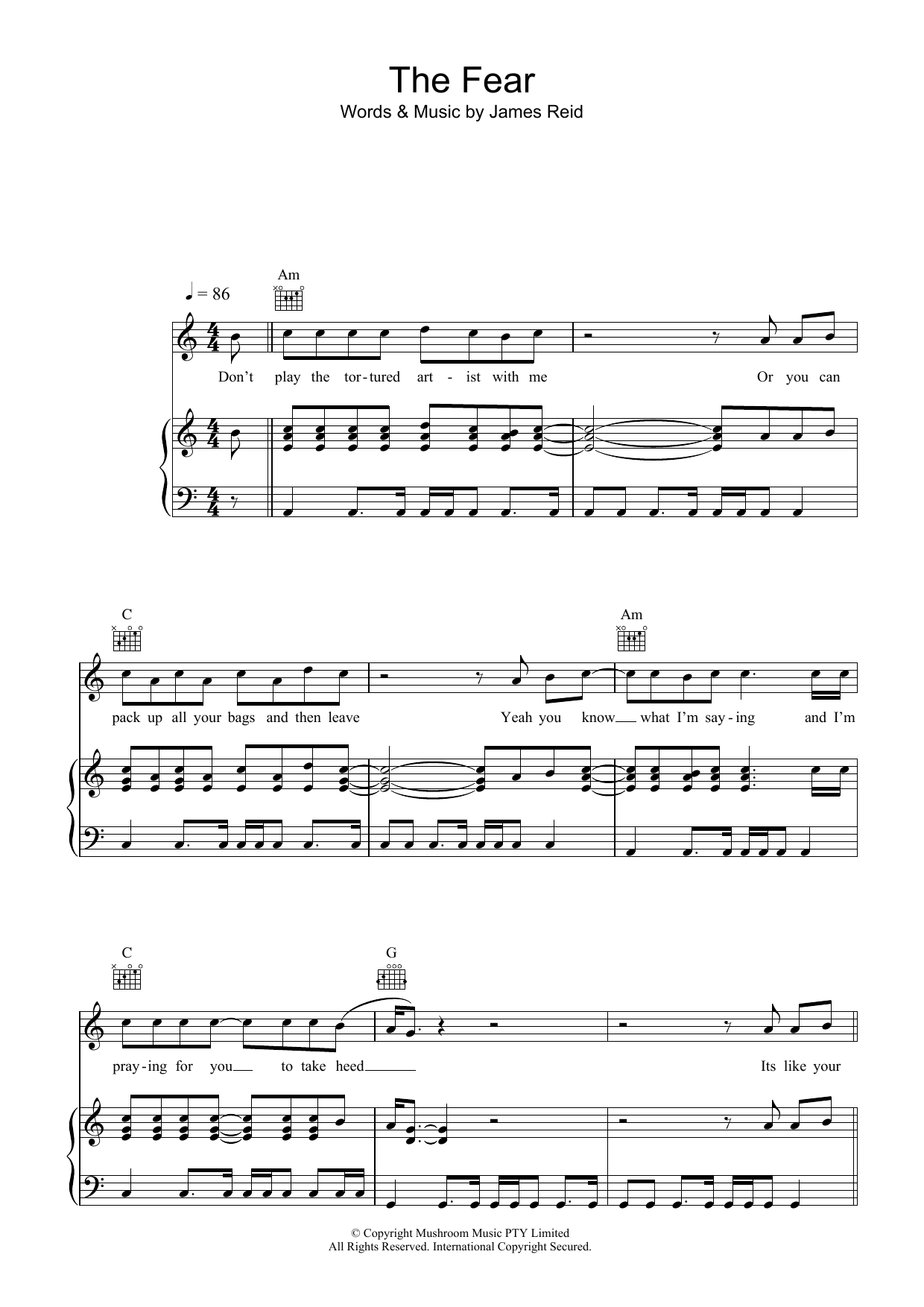 The Feelers The Fear sheet music notes and chords arranged for Piano, Vocal & Guitar Chords