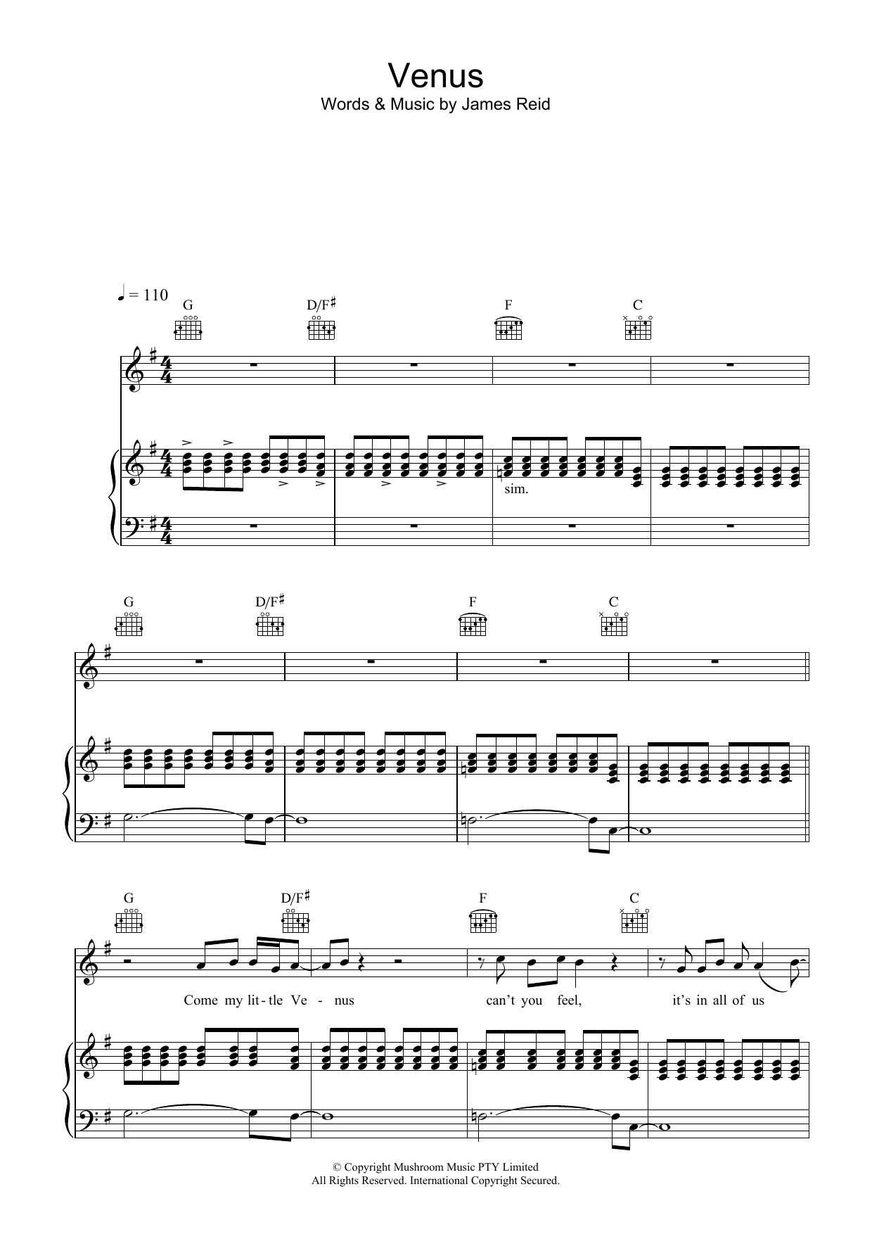 The Feelers Venus sheet music notes and chords arranged for Piano, Vocal & Guitar Chords