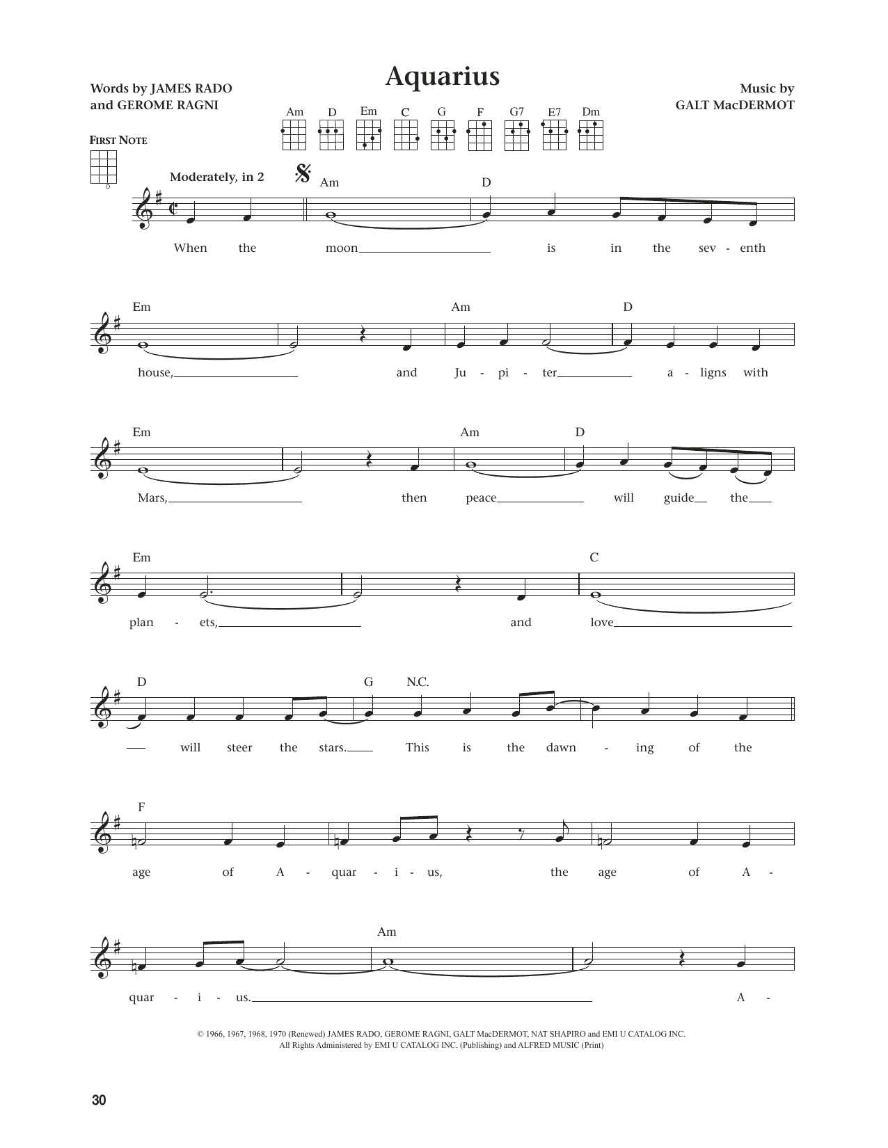 The Fifth Dimension Aquarius (from The Daily Ukulele) (arr. Jim Beloff) sheet music notes and chords arranged for Ukulele