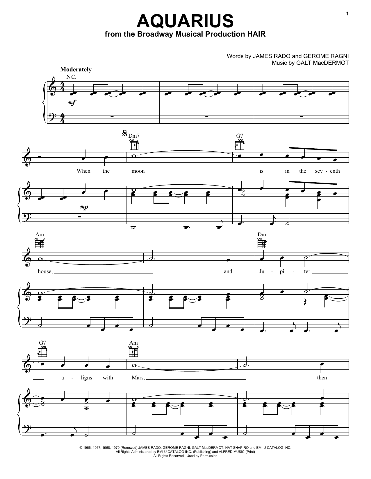 The Fifth Dimension Aquarius sheet music notes and chords arranged for Easy Piano