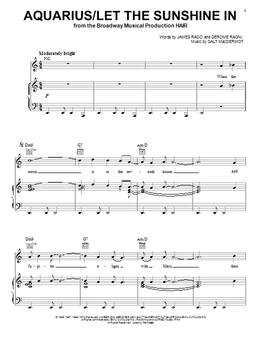 The Fifth Dimension Aquarius/Let The Sunshine In sheet music notes and chords arranged for Piano, Vocal & Guitar Chords (Right-Hand Melody)
