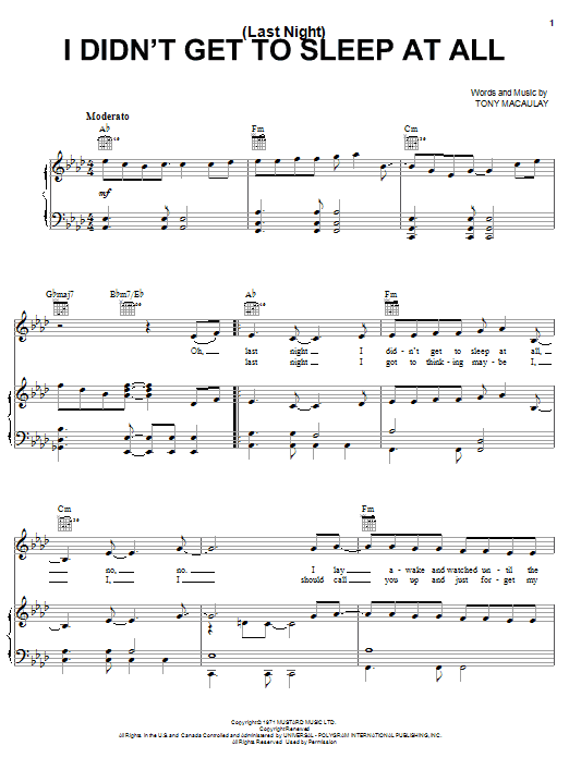 The Fifth Dimension (Last Night) I Didn't Get To Sleep At All sheet music notes and chords arranged for Piano, Vocal & Guitar Chords (Right-Hand Melody)