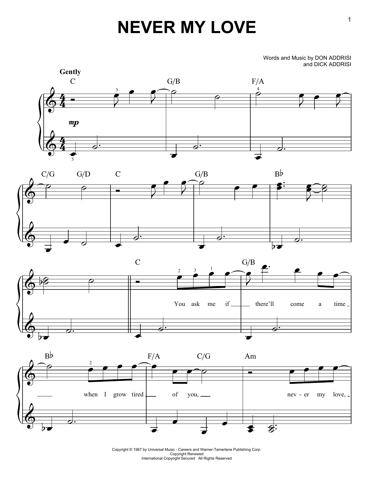 The Fifth Dimension Never My Love sheet music notes and chords arranged for Easy Piano