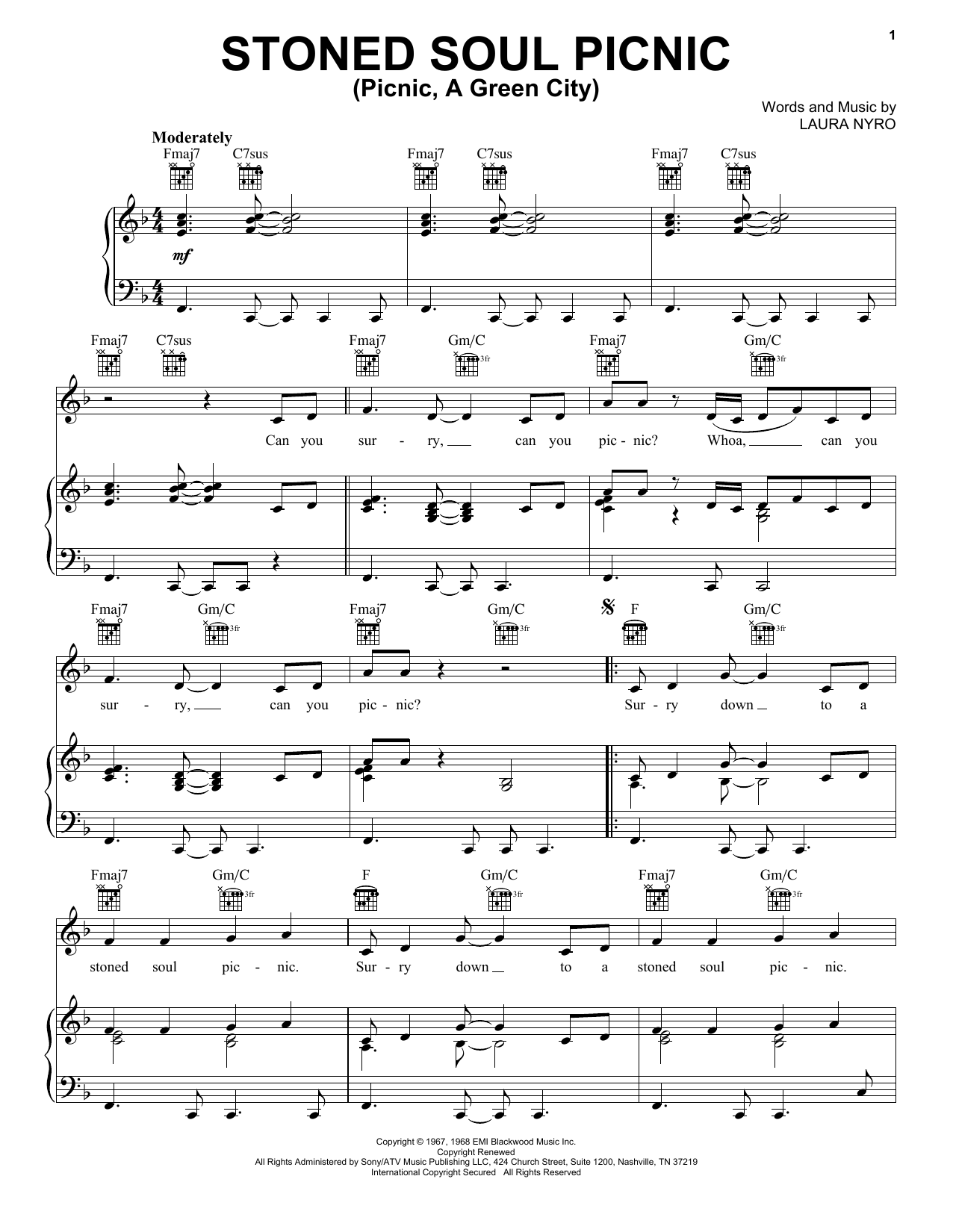 The Fifth Dimension Stoned Soul Picnic (Picnic, A Green City) sheet music notes and chords arranged for Piano, Vocal & Guitar Chords (Right-Hand Melody)