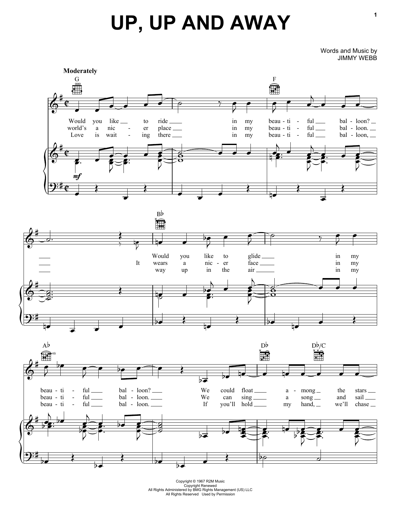 The Fifth Dimension Up, Up And Away sheet music notes and chords arranged for Easy Piano