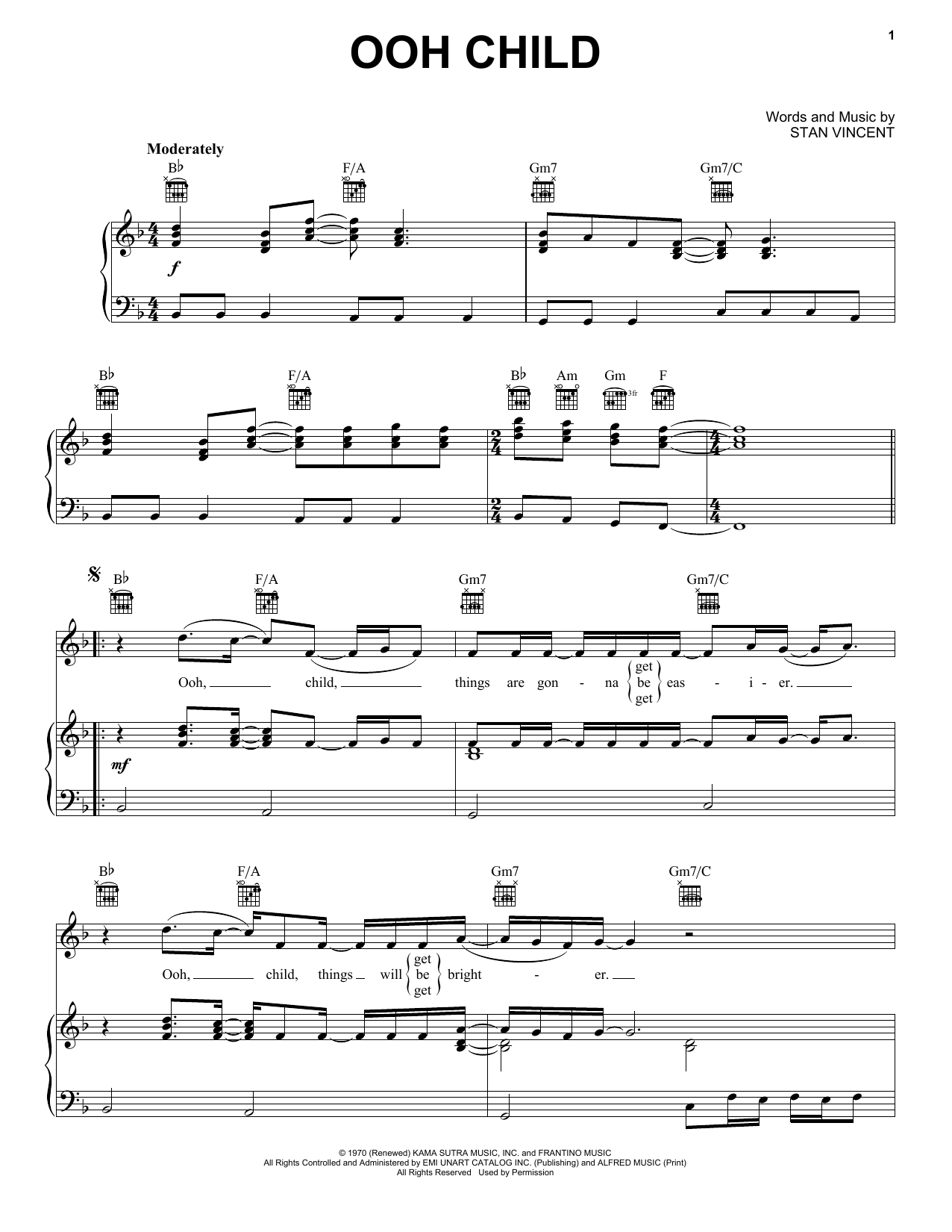 The Five Fairsteps Ooh Child sheet music notes and chords arranged for Piano, Vocal & Guitar Chords (Right-Hand Melody)