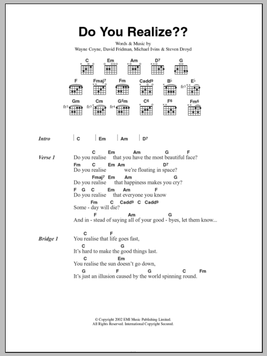 The Flaming Lips Do You Realize? sheet music notes and chords arranged for Guitar Chords/Lyrics
